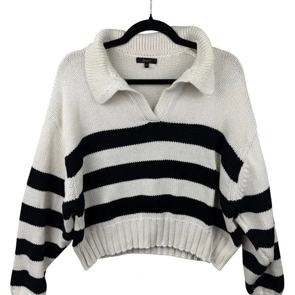 Quince Cropped Polo Sweater Womens Medium Ivory Black Striped Cotton Preppy - Picture 4 of 12